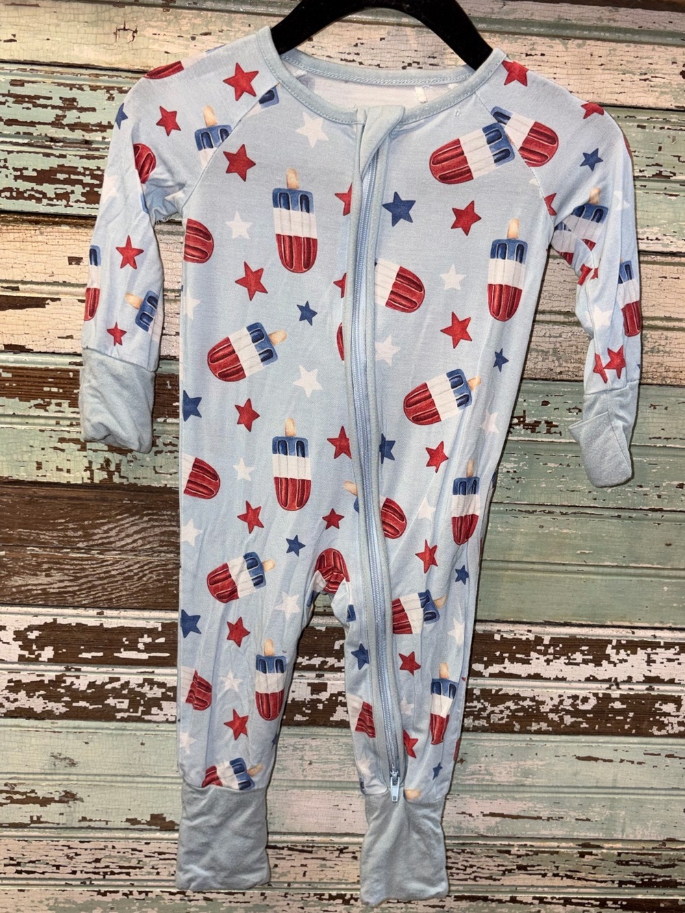 Light Blue Kids Footie Pajamas with Red & Blue Popsicle Print
